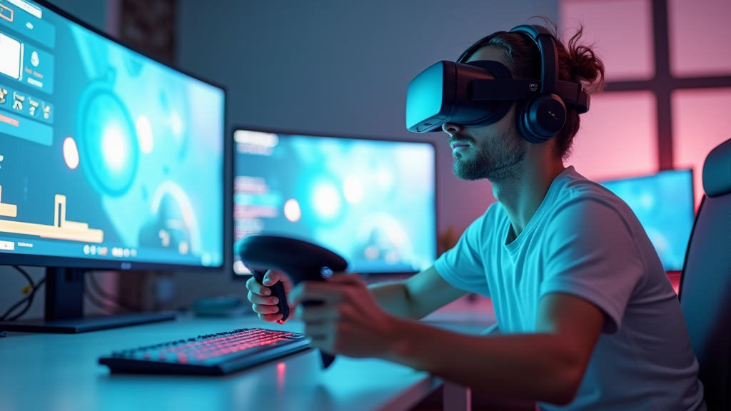A futuristic VR gaming setup with headsets, controllers, and an animated digital world