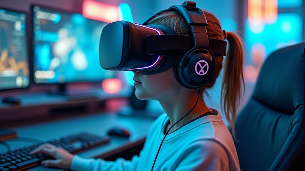 A neat VR gaming setup featuring a Meta Quest 3 headset and clean accessories, shown with a futuristic digital game environment.