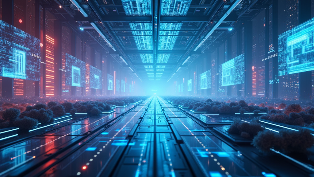 Futuristic virtual reality gaming environment with advanced AI elements, glowing data streams, and digital landscapes forming immersive worlds.