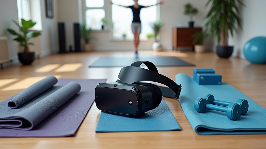 VR accessories for a home gym including controllers, headset, and fitness mats