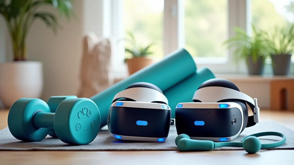 VR fitness games equipment and classic workout tools, such as dumbbells, shown on a table in a home gym setting. Example view of digital and physical fitness gear together.