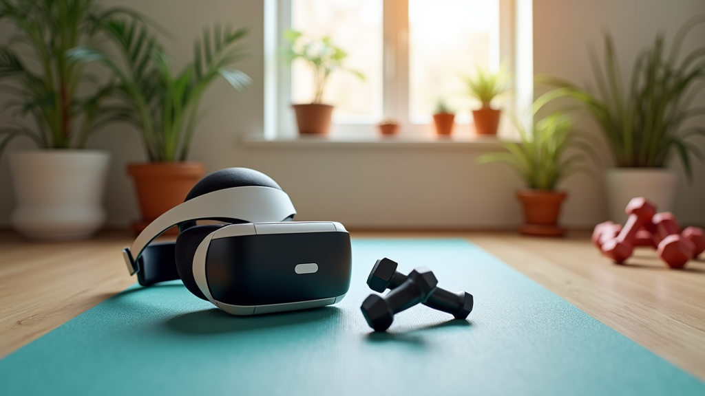 VR headset and controllers resting on a yoga mat near dumbbells and plants, with sunlight streaming through a window