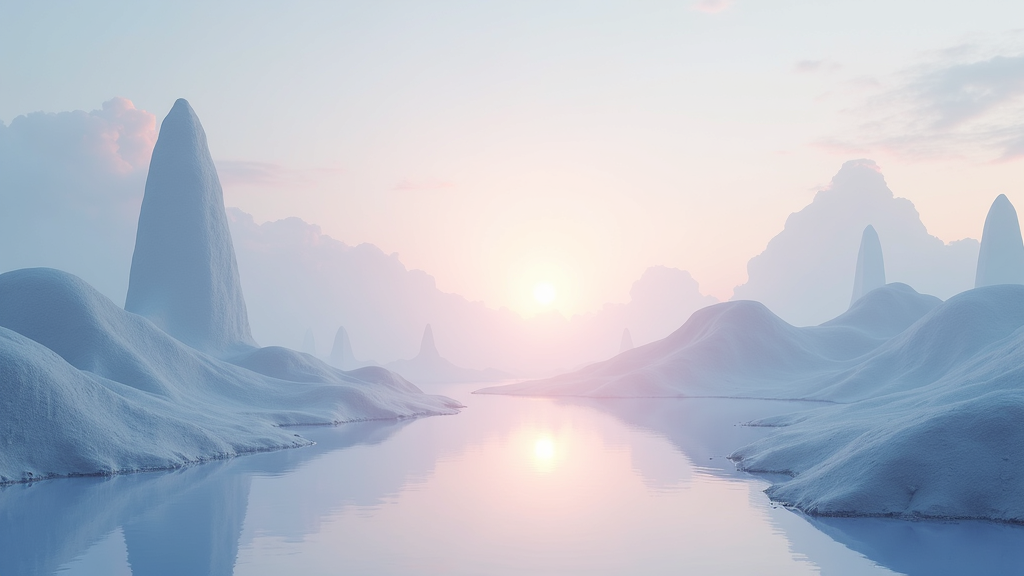 A calming digital landscape with soft lighting, geometric shapes, and subtle surreal scenery, representing mental well-being in a virtual environment.