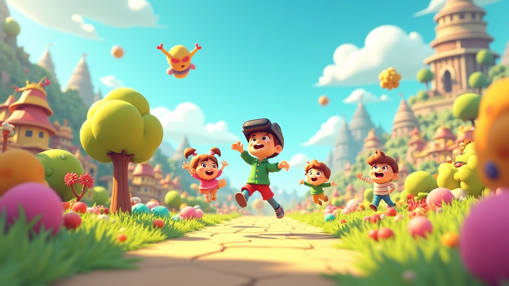 A vibrant, imaginative family-friendly multiplayer VR game world with elements like cartoonish landscapes, puzzle objects, and playful avatars.
