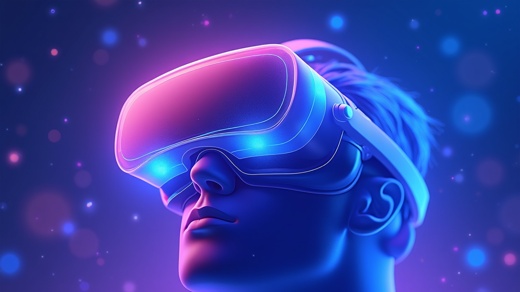 Colorful digital illustration of a virtual reality headset with glowing lenses, surrounded by soft blue and purple abstract light patterns.
