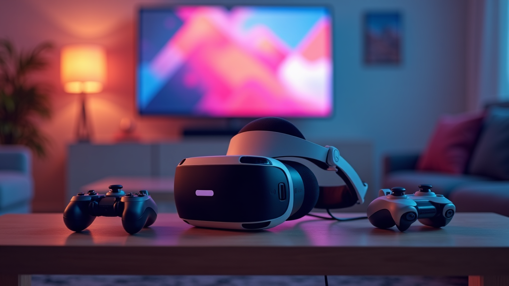 VR headset, controllers, and abstract colorful background