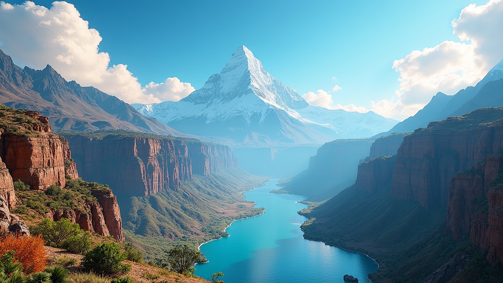 A colorful digital rendering of a virtual reality landscape showing mountains, rivers, and global landmarks in a simulated geography map.