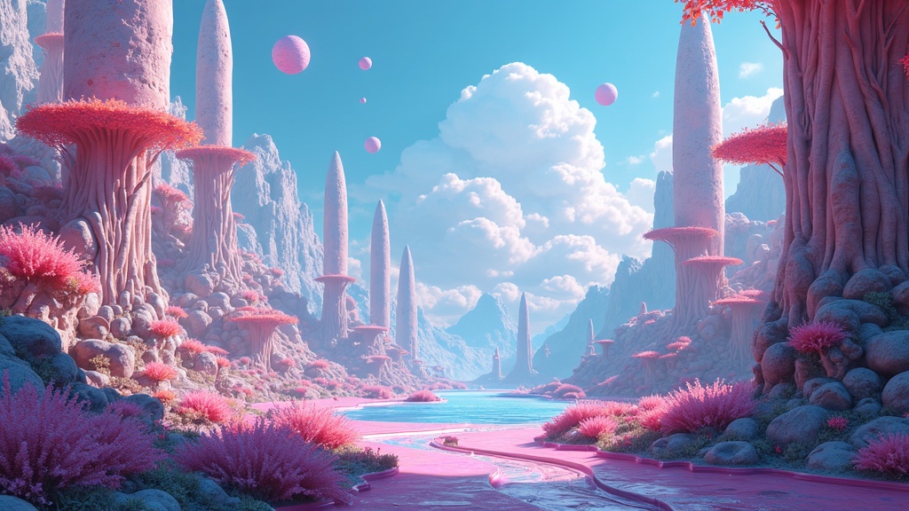 A futuristic, immersive virtual reality environment with vibrant digital landscapes, floating story elements, and interactive objects.