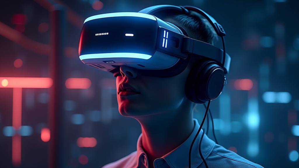 A futuristic VR headset with glowing lines in a digital, abstract environment