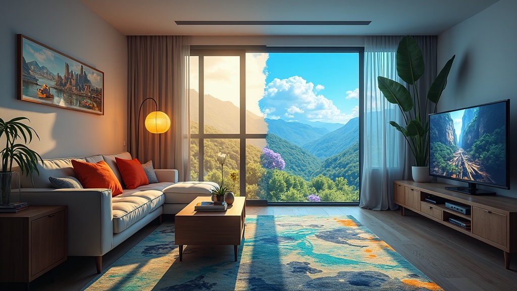 A split-image showing one side of a living room with AR overlays and the other side a virtual world with fantasy game elements