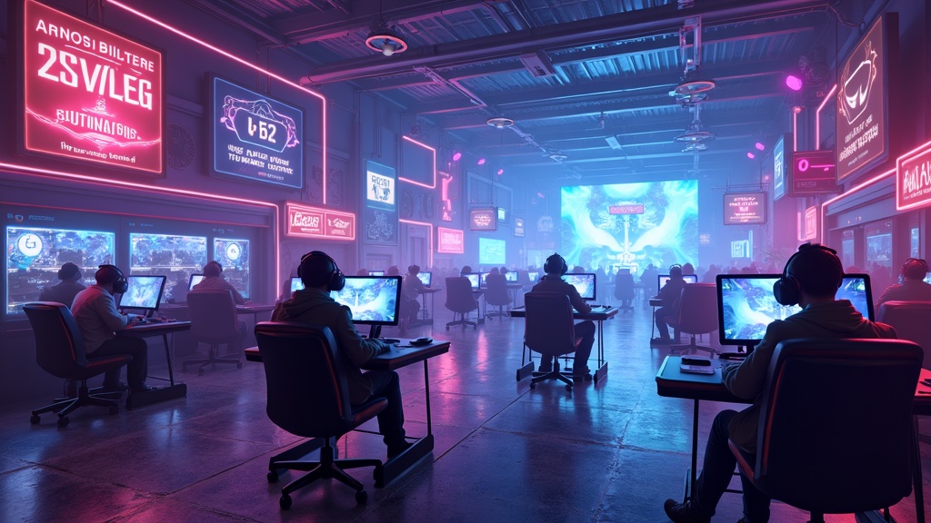 A stylized virtual reality gaming arena filled with neon-lit avatars, glowing scoreboards, and futuristic game environments