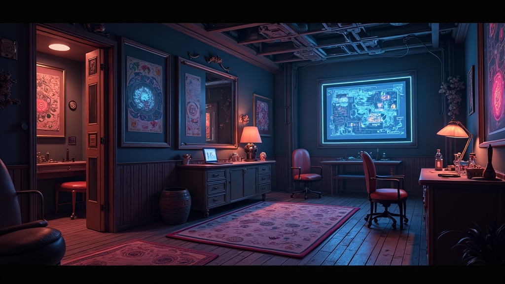 VR escape room environment with glowing digital puzzles, futuristic doors, and game-like atmosphere