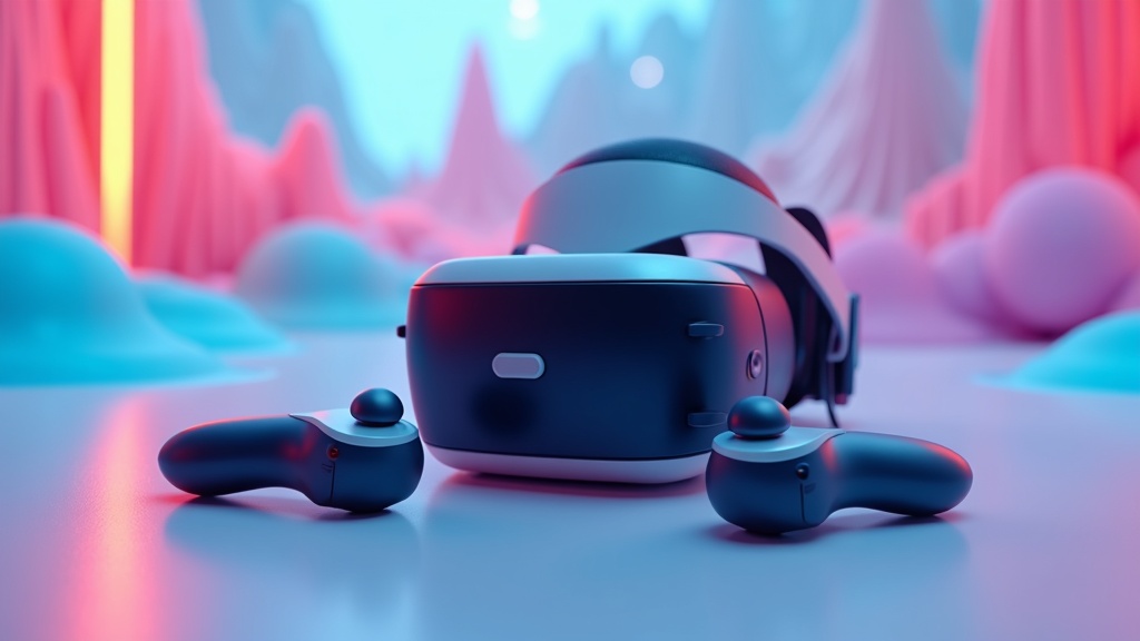 VR headset and controllers on a clean surface with a colorful virtual scene