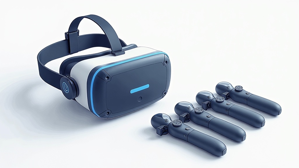 A detailed illustration showing a modern virtual reality headset, soft adjustable straps, and breathable face padding, placed beside an array of VR controllers on a clean desk setup.