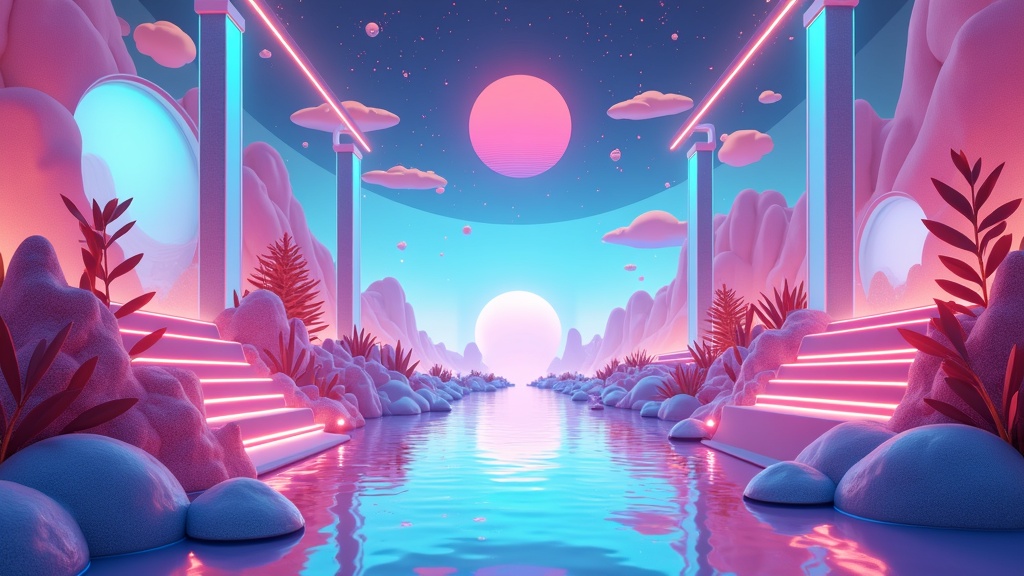 Colorful futuristic gym with VR headsets and game-inspired landscapes, no people shown