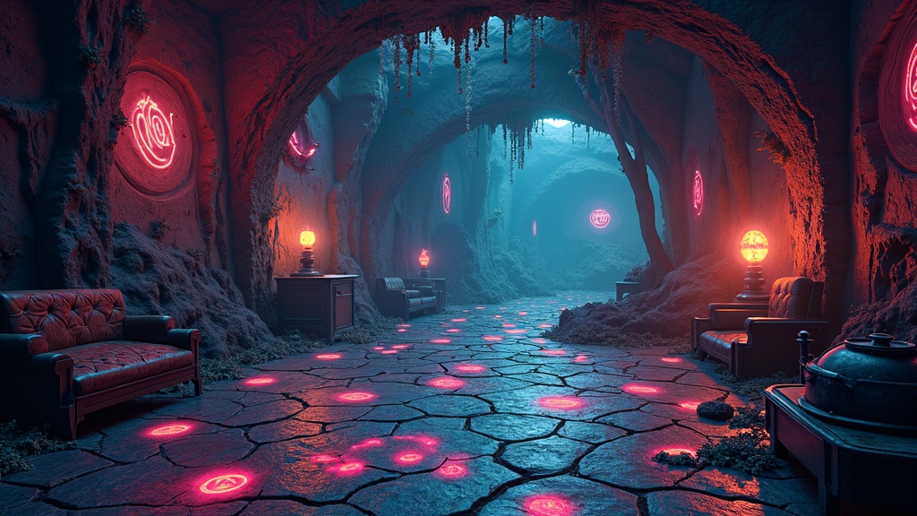 A lush, atmospheric virtual reality room filled with colorful, intricate puzzle elements, strange glowing symbols, and mysterious mechanisms.