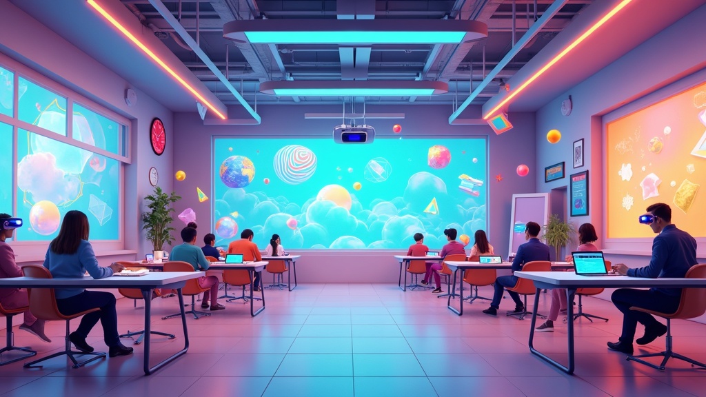 Colorful, futuristic classroom with students using educational virtual reality headsets, surrounded by digital glowing shapes and interactive learning objects.