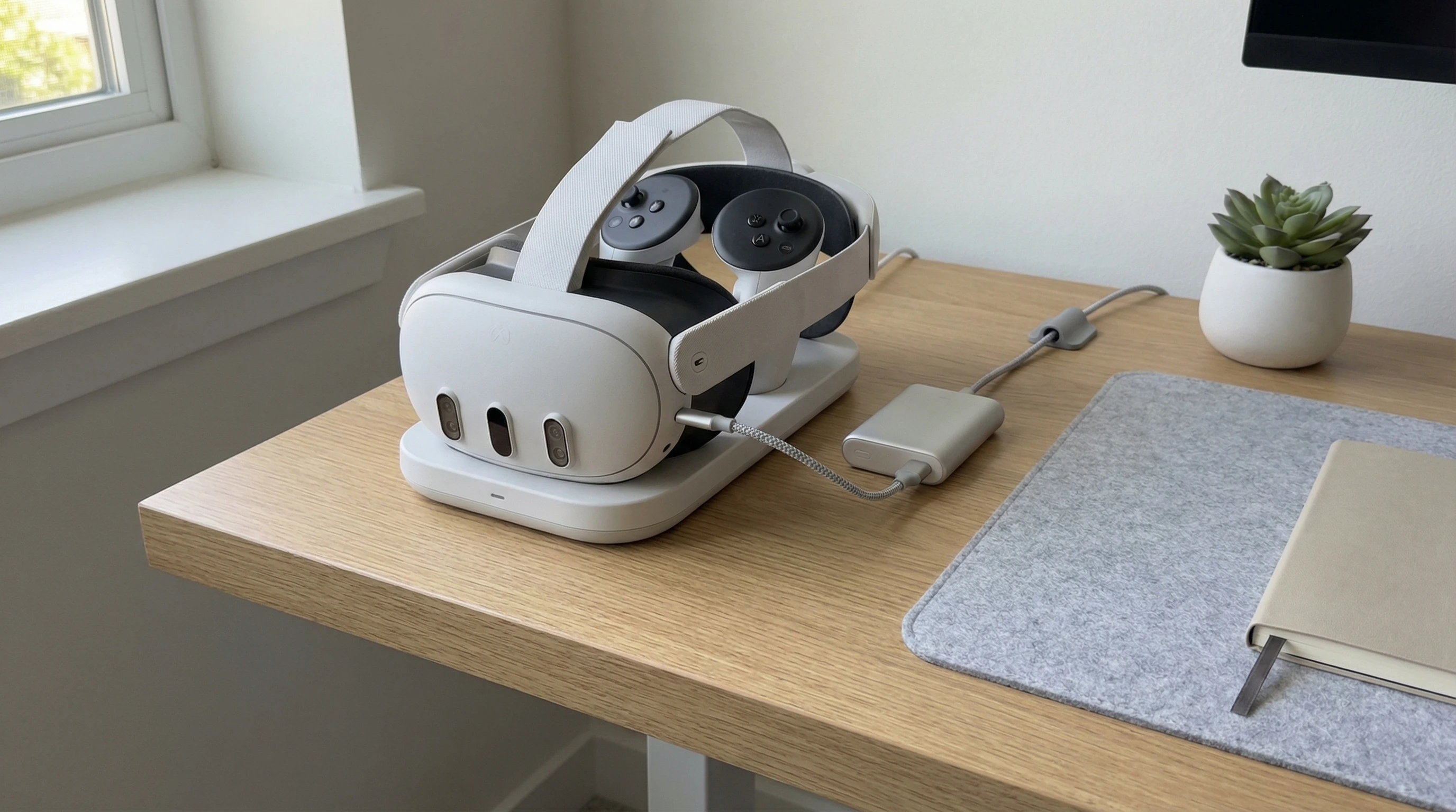 Wireless VR headset charging on a clean desk with a battery pack and neat cable arrangement